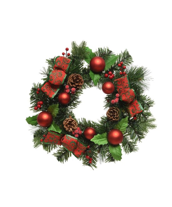 Artificial WREATH RED BAUBLES - RIBBONS - PINE CONES