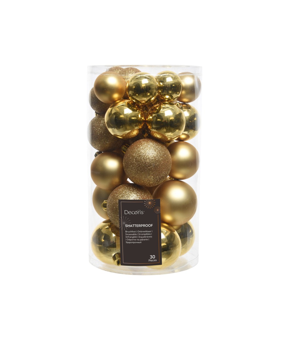 Shatterproof gold baubles – Assorted sizes (box of 30)