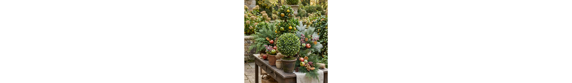 Artificial topiaries, fruits and pines